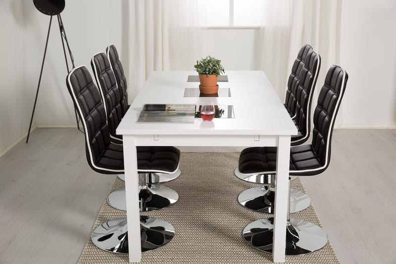 Jasmin Spisegruppe med 6 Frida Stoler - Hvit/Sort PU - Møbler - Bord - Spisegrupper