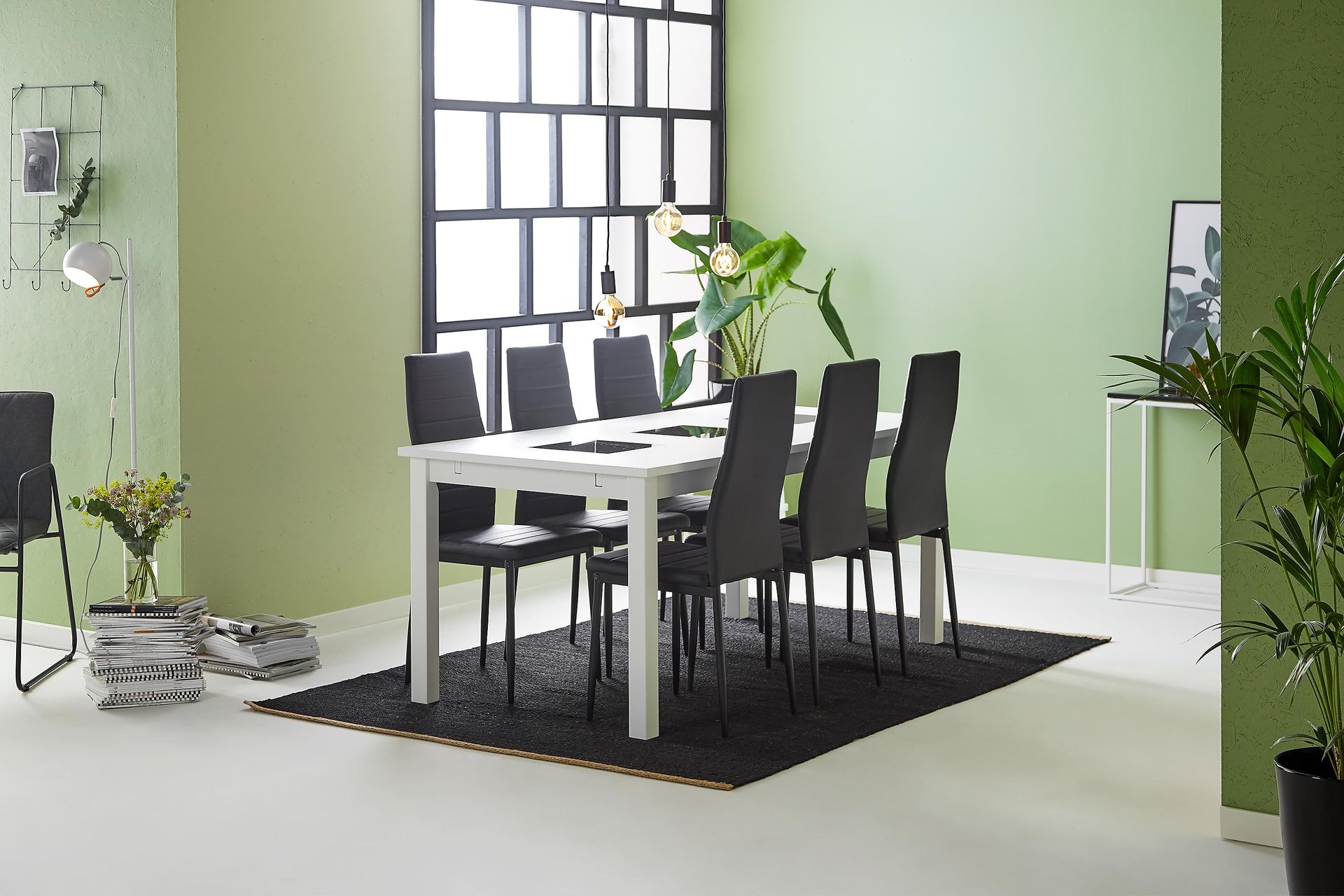 Jasmin Spisegruppe med 6 Ted Stoler - Hvit/Sort/PU - Møbler - Bord - Spisegrupper