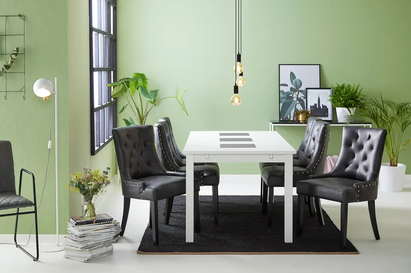 Jasmin Spisegruppe med 6 Tuva Lenestol - Hvit/Svart PU - Møbler - Bord - Spisegrupper