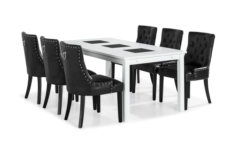 Jasmin Spisegruppe med 6 Tuva Lenestol - Hvit/Svart PU - Møbler - Bord - Spisegrupper
