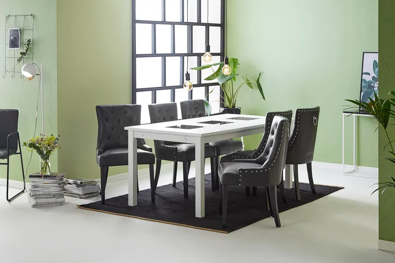 Jasmin Spisegruppe med 6 Tuva Lenestol - Hvit/Svart PU - Møbler - Bord - Spisegrupper