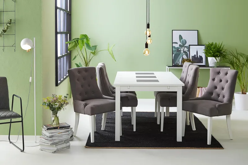 Jasmin Spisegruppe med 6 Viktoria Stoler - Hvit/Grå - Møbler - Bord - Spisegrupper