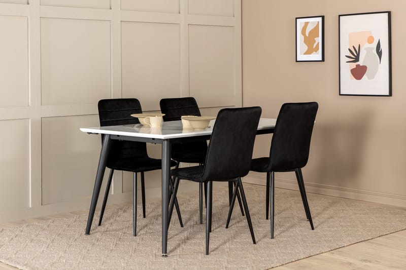 Jimms Forlengningsbar Spisegruppe 150 cm inkl. 4 Robin Stole, Hvit/Svart/Fløyel