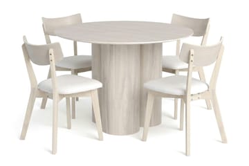 Juno spisegruppe 110 cm rund hvitlasert med 4 Amelia spisestoler med pute - Hvitlasert/Beige - Møbler - Bord - Spisegrupper