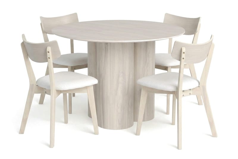 Juno spisegruppe 110 cm rund hvitlasert med 4 Amelia spisestoler med pute - Hvitlasert/Beige - Møbler - Bord - Spisegrupper