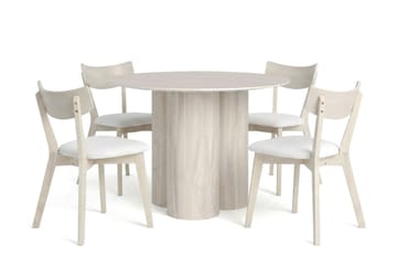 Juno spisegruppe 110 cm rund hvitlasert med 4 Amelia spisestoler med pute - Hvitlasert/Beige - Møbler - Bord - Spisegrupper