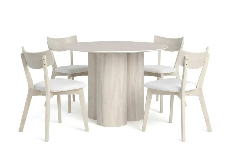 Juno spisegruppe 110 cm rund hvitlasert med 4 Amelia spisestoler med pute, Hvitlasert/Beige