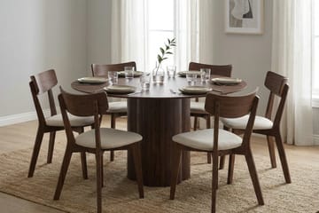 Juno spisegruppe 150 cm rund i valnøtt med 6 Amelia spisestoler med pute - Valnøtt/Beige - Møbler - Bord - Spisegrupper