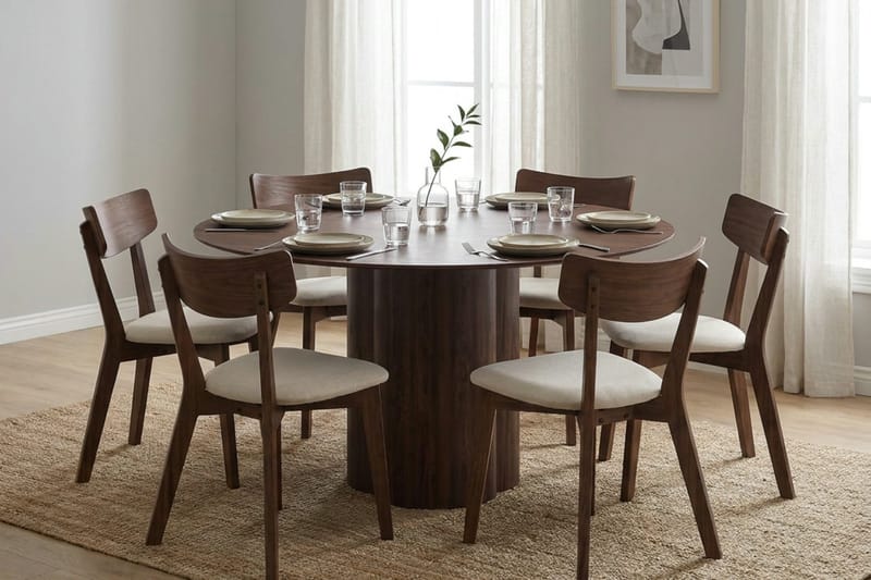 Juno spisegruppe 150 cm rund i valnøtt med 6 Amelia spisestoler med pute - Valnøtt/Beige - Møbler - Bord - Spisegrupper