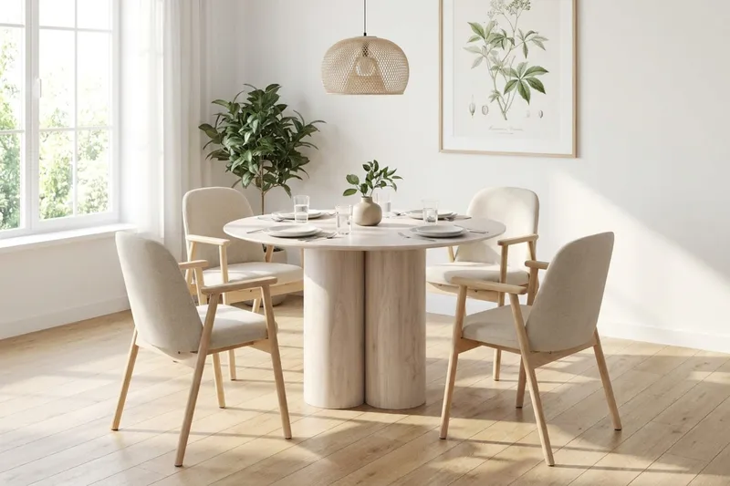 Juno spisegruppe rund 110 cm hvitlasert med 4 Reciclar spisestoler - Hvitlasert - Møbler - Bord - Spisegrupper