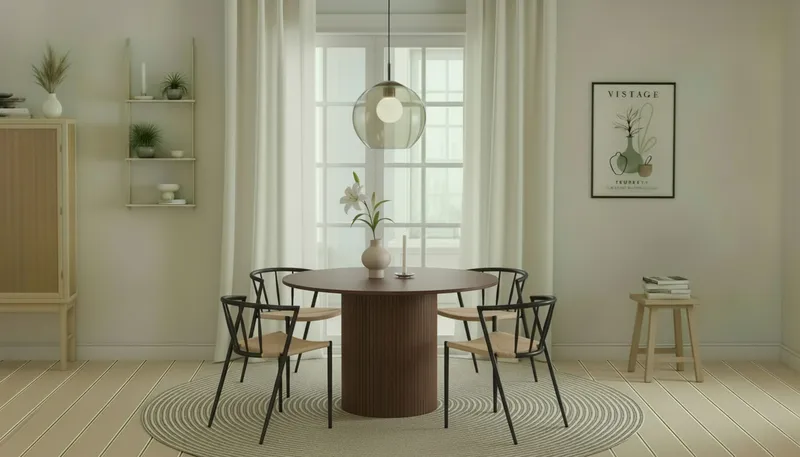 Kopparbo Rundt Spisebord 120 cm med 4 Winston Spisestoler - Mørkebrun / Beige / Metallben Svart - Møbler - Bord - Spisegrupper