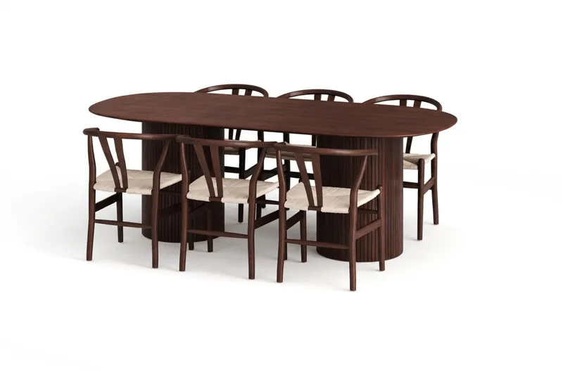 Kopparbo spisegruppe oval 220 cm valnøtt med 6 Dastoori spisestoler, Valnøtt