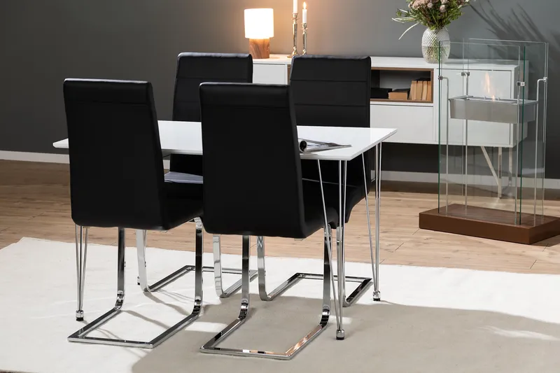 Kronblom Spisegruppe 120 cm med 4 Cibus Stol - Hvit/Krom/Svart PU - Møbler - Bord - Spisegrupper