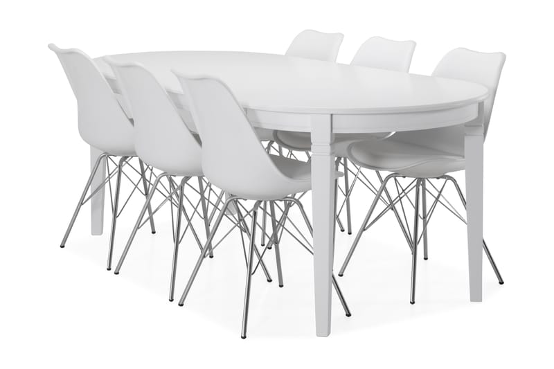 Läckö Spisebord med 6 Shell stoler - Hvit/Krom - Spisegrupper