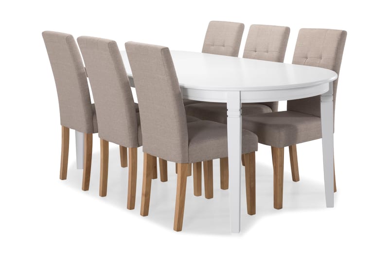 Läckö Spisebord med 6 Viktor stoler - Hvit/Beige/Eik - Spisegrupper