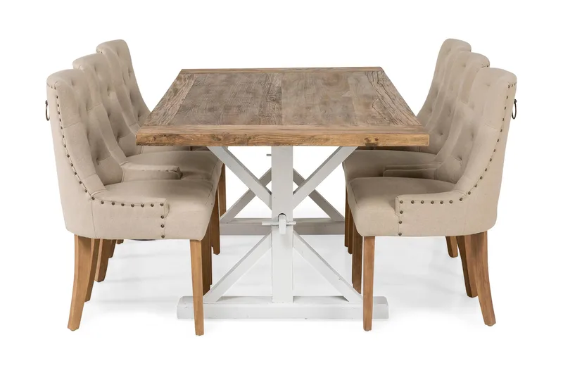 Lyon Förlängningsbar Matgrupp 200 cm med 6 Viktoria Stol Bloomington Natur/Vit/Beige Beige/White - Møbler - Bord - Spisegrupper