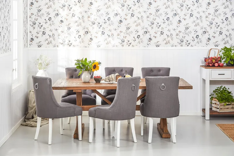 Lyon Forlengningsbar Spisegruppe 200 cm med 6 Viktoria Stol - Natur/Grå/Hvit - Møbler - Bord - Spisegrupper