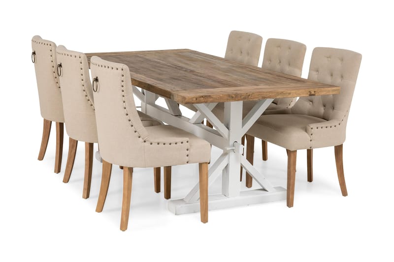 Lyon Forlengningsbar Spisegruppe 200 cm med 6 Viktoria Stol - Natur/Hvit/Beige - Møbler - Bord - Spisegrupper