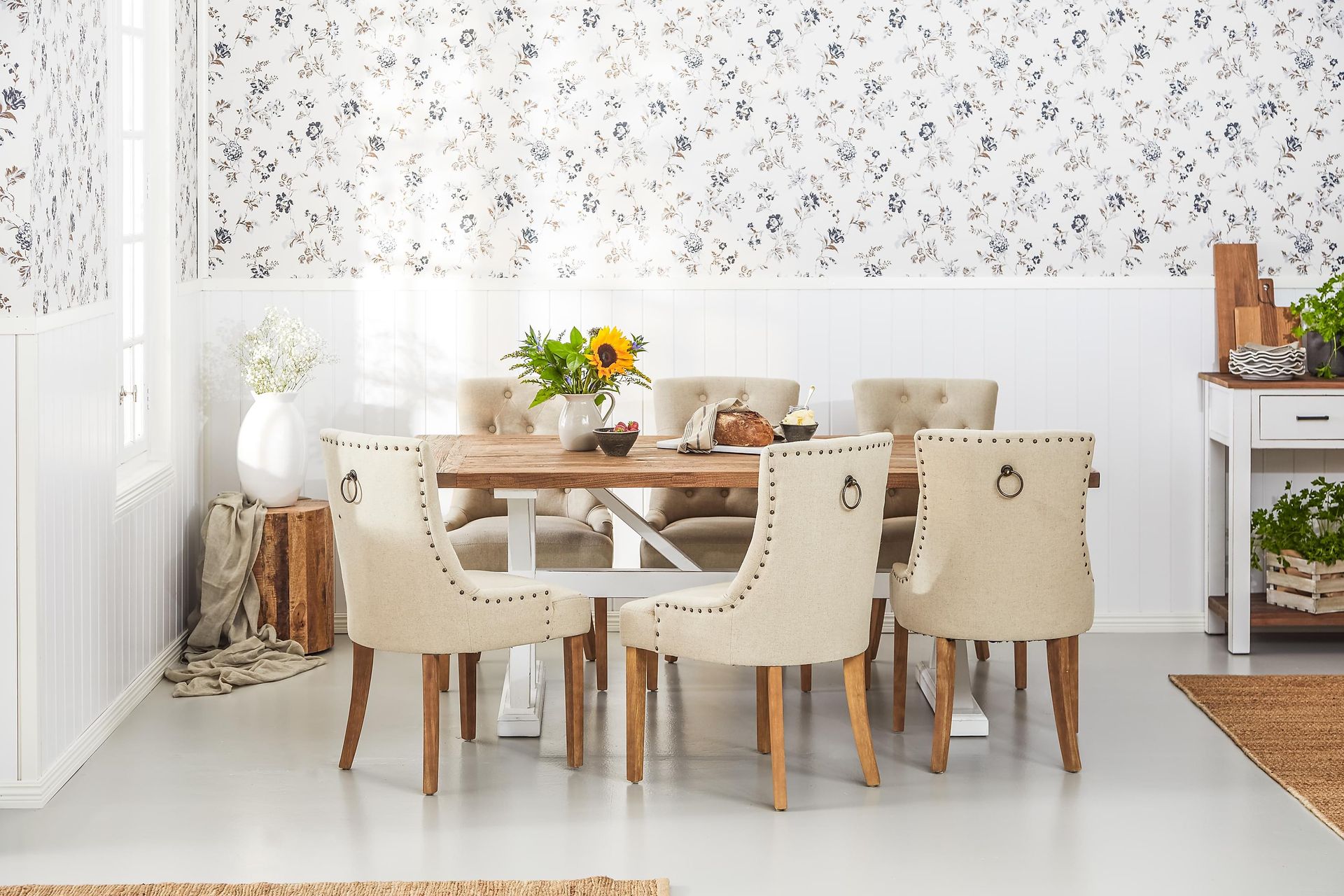 Lyon Forlengningsbar Spisegruppe 200 cm med 6 Viktoria Stol - Natur/Hvit/Beige - Møbler - Bord - Spisegrupper