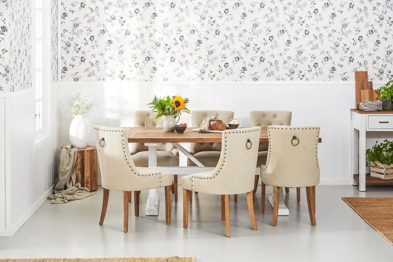 Lyon Forlengningsbar Spisegruppe 200 cm med 6 Viktoria Stol - Natur/Hvit/Beige - Møbler - Bord - Spisegrupper