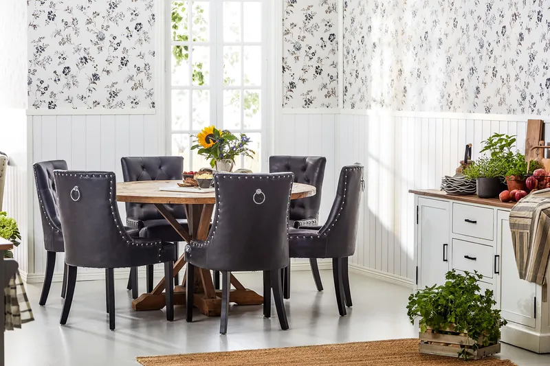 Lyon Rund Spisegruppe 150 cm med 6 Tuva Stoler - Brun Vintage Alm / Svart PU - Møbler - Bord - Spisegrupper