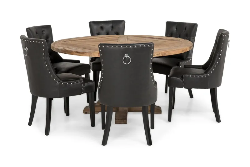 Lyon Rund Spisegruppe 150 cm med 6 Tuva Stoler - Brun Vintage Alm / Svart PU - Møbler - Bord - Spisegrupper