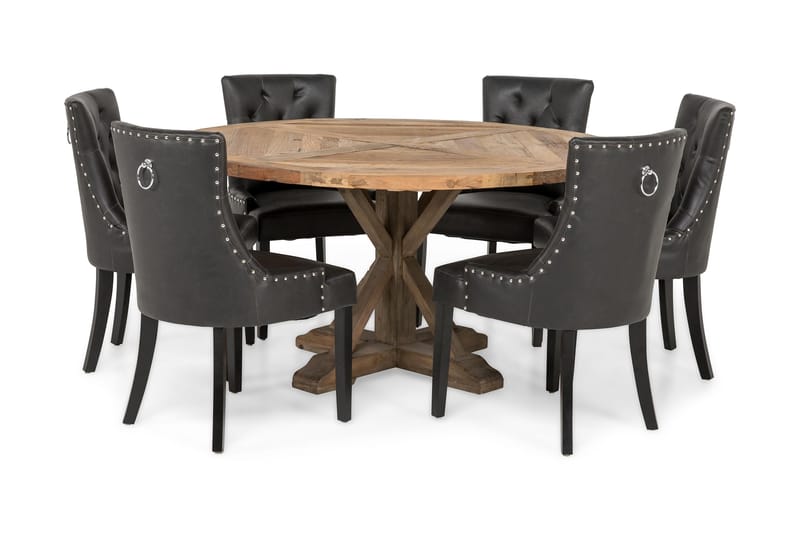 Lyon Rund Spisegruppe 150 cm med 6 Tuva Stoler - Brun Vintage Alm / Svart PU - Møbler - Bord - Spisegrupper
