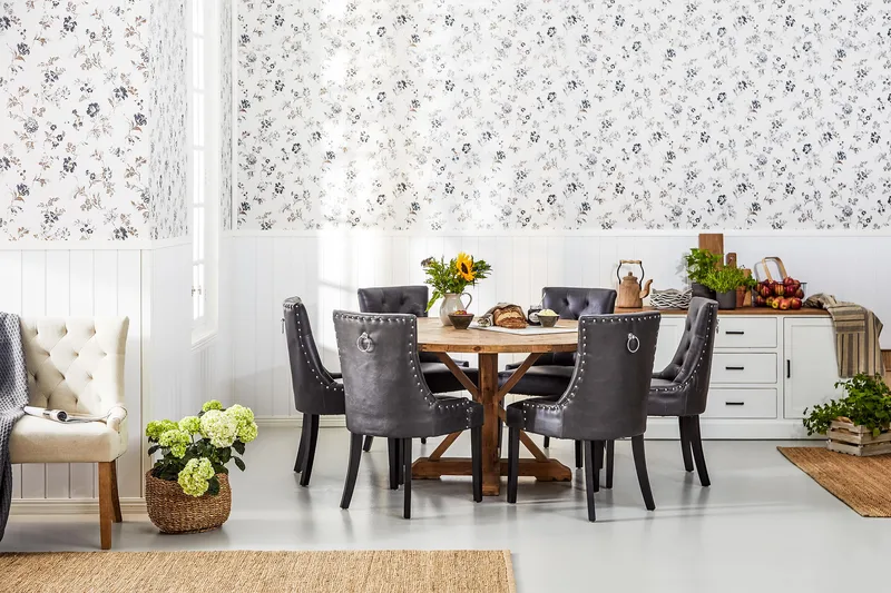 Lyon Rund Spisegruppe 150 cm med 6 Tuva Stoler - Brun Vintage Alm / Svart PU - Møbler - Bord - Spisegrupper