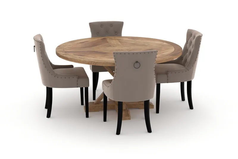 Lyon Spisebord 150 cm Rundt med 4 Viktoria Spisestoler, Brun