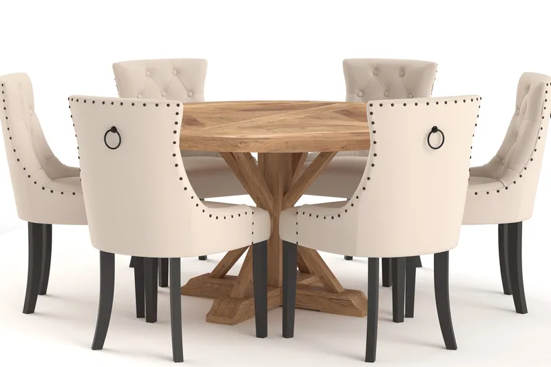 Lyon Spisebord 150 cm Rundt med 6 Viktoria Spisestoler - Brun - Møbler - Bord - Spisegrupper