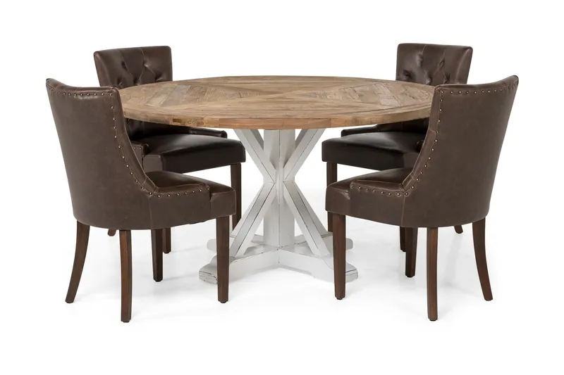 Lyon Spisegruppe Ø150 cm Rund med 4 Tuva Stoler, Vintage Natur/Hvit/Brun