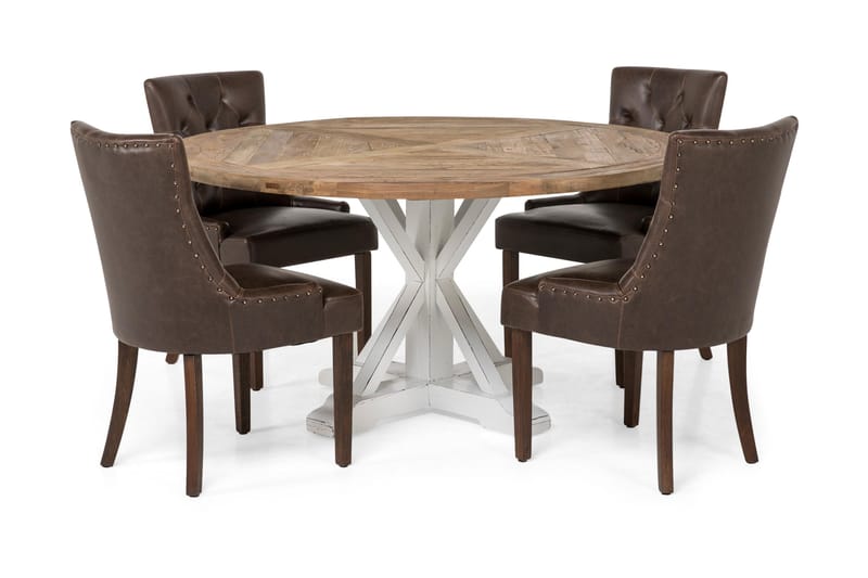 Lyon Spisegruppe Ø150 cm Rund med 4 Tuva Stoler, Vintage Natur/Hvit/Brun