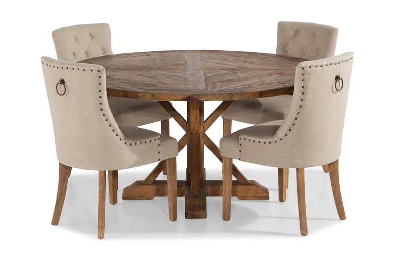 Lyon Spisegruppe Ø150 cm Rund med 4 Viktoria Stoler - Vintage Alm / Beige - Møbler - Bord - Spisegrupper