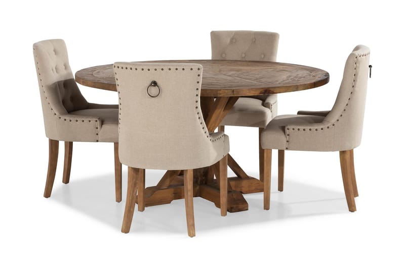Lyon Spisegruppe Ø150 cm Rund med 4 Viktoria Stoler - Vintage Alm / Beige - Møbler - Bord - Spisegrupper