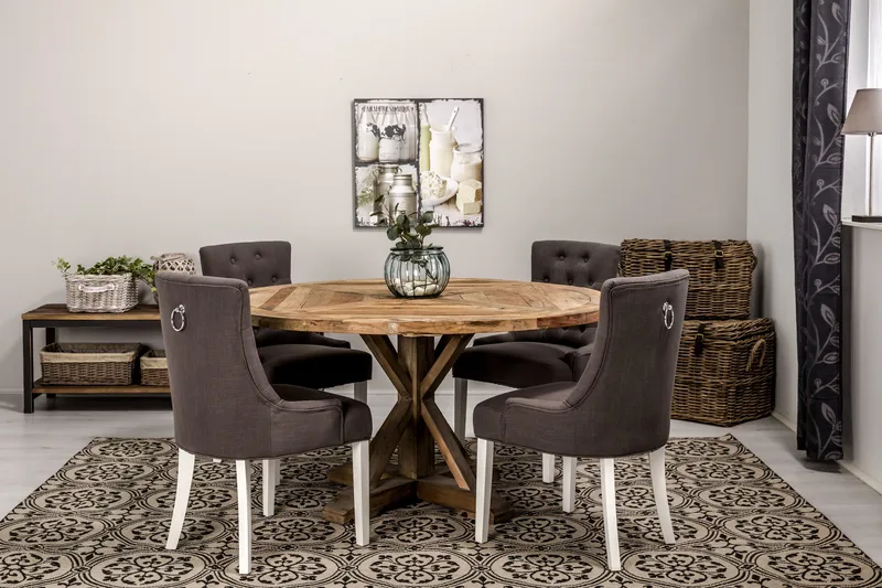 Lyon Spisegruppe Ø150 cm Rund med 4 Viktoria Stoler - Vintage Alm/Grå/Hvit - Møbler - Bord - Spisegrupper