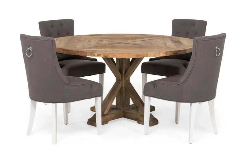 Lyon Spisegruppe Ø150 cm Rund med 4 Viktoria Stoler, Vintage Alm/Grå/Hvit