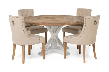 Lyon Spisegruppe Ø150 cm Rund med 4 Viktoria Stoler - Vintage Natur/Hvit/Beige - Møbler - Bord - Spisegrupper