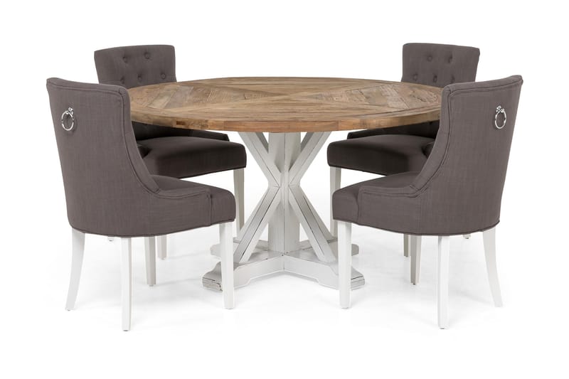 Lyon Spisegruppe Ø150 cm Rund med 4 Viktoria Stoler - Vintage Natur/Hvit/Grå - Møbler - Bord - Spisegrupper