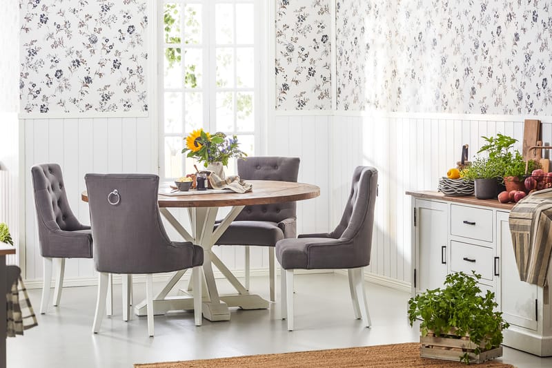 Lyon Spisegruppe Ø150 cm Rund med 4 Viktoria Stoler - Vintage Natur/Hvit/Grå - Møbler - Bord - Spisegrupper