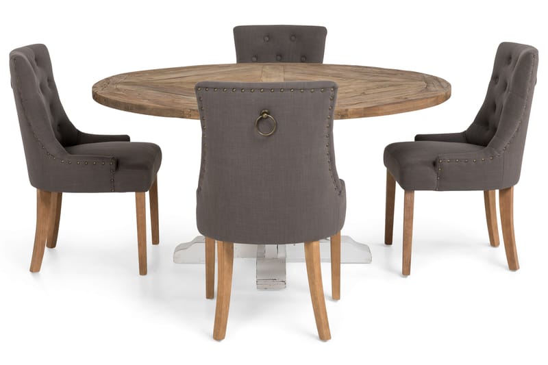 Lyon Spisegruppe Ø150 cm Rund med 4 Viktoria Stoler - Vintage Natur/Hvit/Grå - Møbler - Bord - Spisegrupper