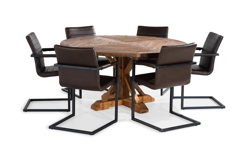 Lyon Spisegruppe Ø150 cm Rund med 6 House Stoler - Vintage Alm/Mørkebrun - Møbler - Bord - Spisegrupper