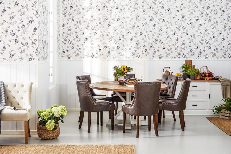 Lyon Spisegruppe Ø150 cm Rund med 6 Tuva Stoler - Vintage Natur/Hvit/Brun - Møbler - Bord - Spisegrupper