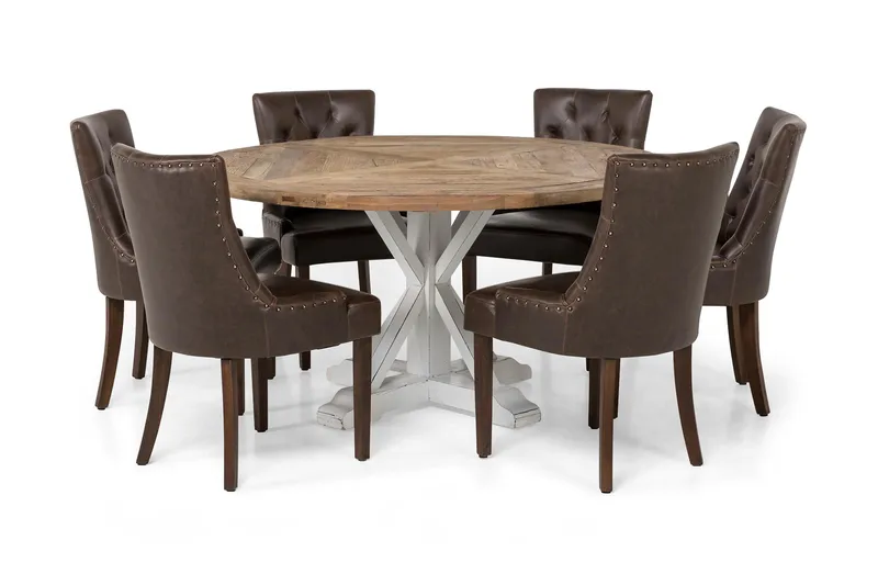 Lyon Spisegruppe Ø150 cm Rund med 6 Tuva Stoler - Vintage Natur/Hvit/Brun - Møbler - Bord - Spisegrupper