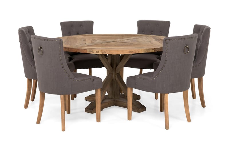 Lyon Spisegruppe Ø150 cm Rund med 6 Viktoria Stoler - Vintage Alm/Grå - Møbler - Bord - Spisegrupper