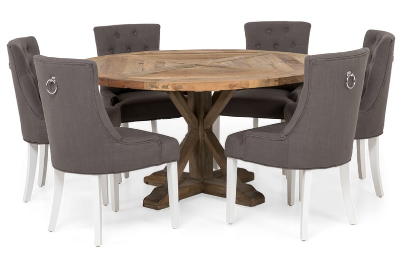 Lyon Spisegruppe Ø150 cm Rund med 6 Viktoria Stoler - Vintage Alm/Grå/Hvit - Møbler - Bord - Spisegrupper