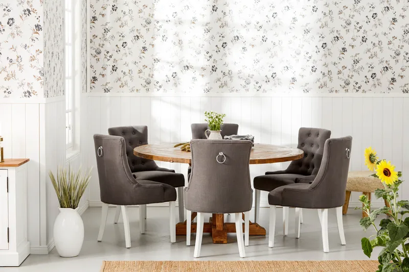 Lyon Spisegruppe Ø150 cm Rund med 6 Viktoria Stoler - Vintage Alm/Grå/Hvit - Møbler - Bord - Spisegrupper