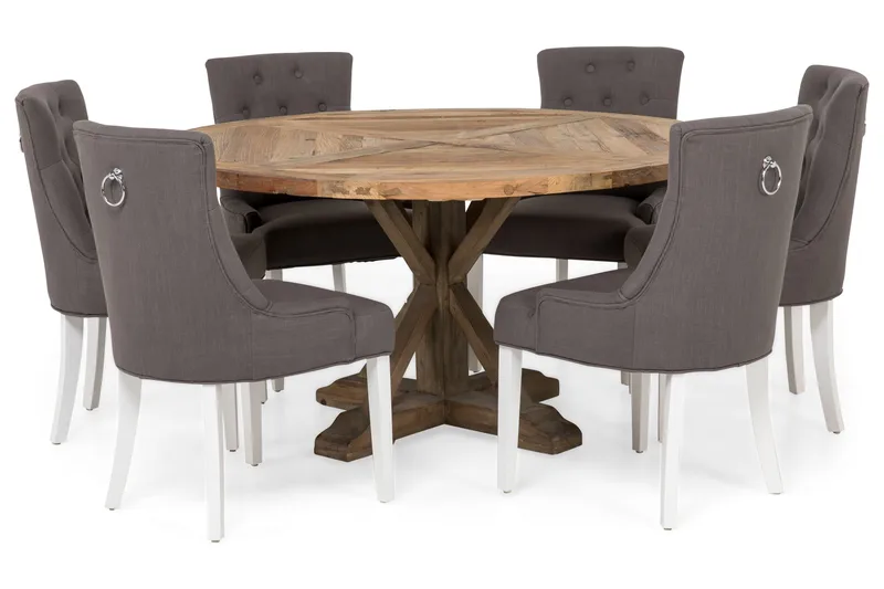 Lyon Spisegruppe Ø150 cm Rund med 6 Viktoria Stoler - Vintage Alm/Grå/Hvit - Møbler - Bord - Spisegrupper