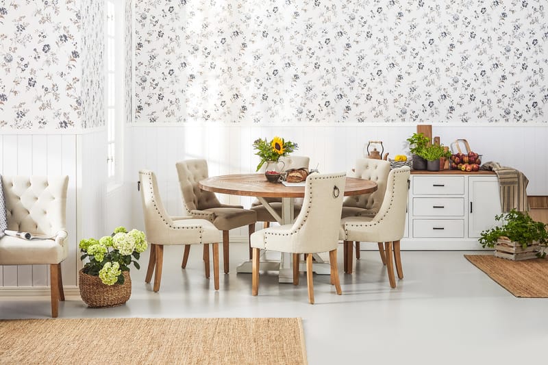 Lyon Spisegruppe Ø150 cm Rund med 6 Viktoria Stoler - Vintage Natur / Hvit / Beige - Møbler - Bord - Spisegrupper