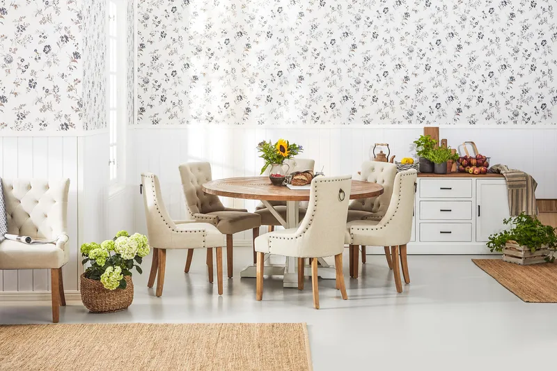 Lyon Spisegruppe Ø150 cm Rund med 6 Viktoria Stoler - Vintage Natur / Hvit / Beige - Møbler - Bord - Spisegrupper