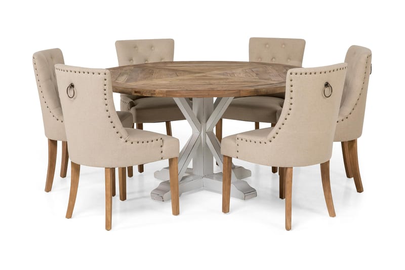 Lyon Spisegruppe Ø150 cm Rund med 6 Viktoria Stoler - Vintage Natur / Hvit / Beige - Møbler - Bord - Spisegrupper